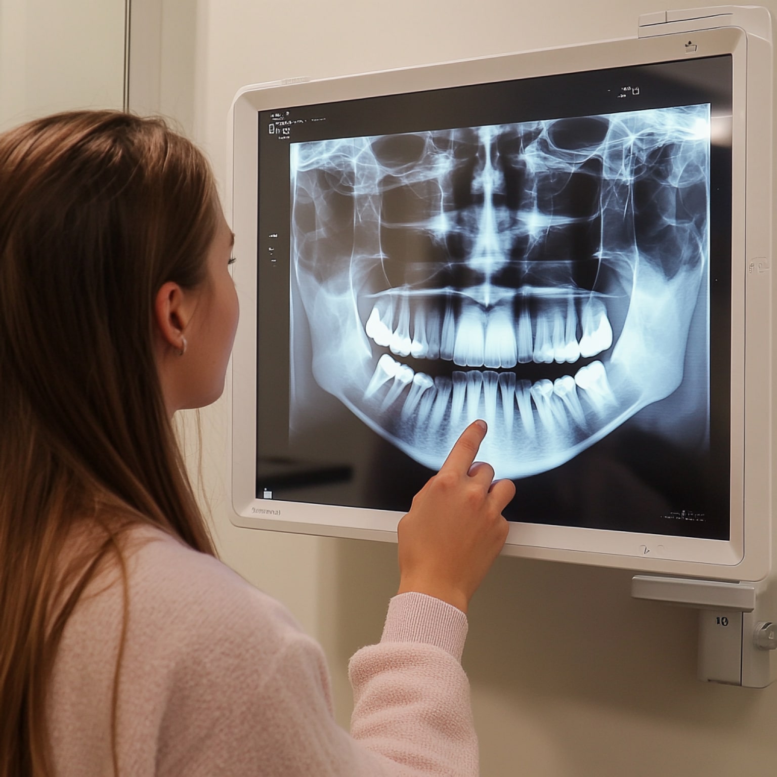 A person examines a dental X-ray on a digital screen, analyzing the teeth and jaw structure closely, pointing with a finger.
