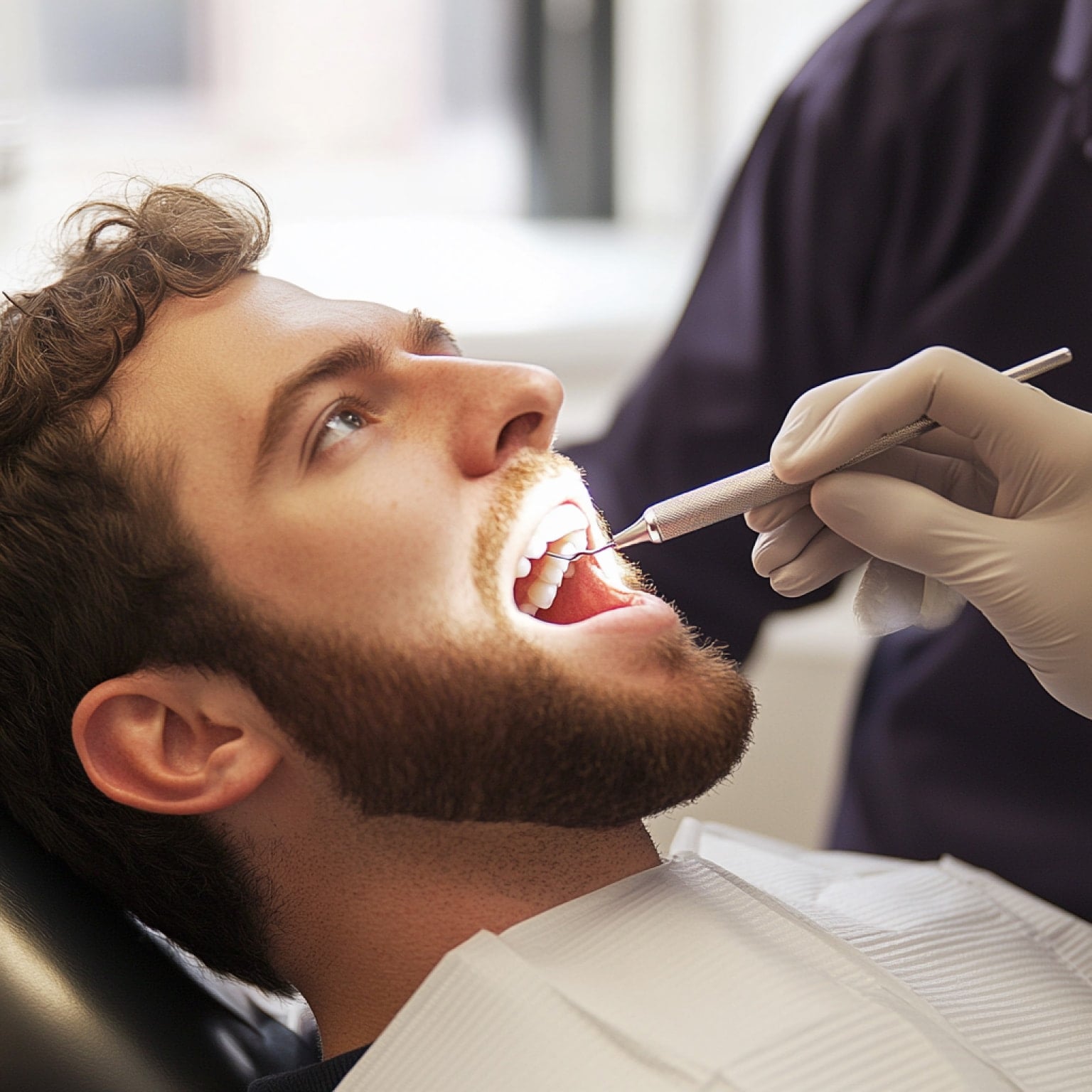 A dentist examines a person's teeth with a tool, using a light for better visibility during a dental checkup in an office setting.