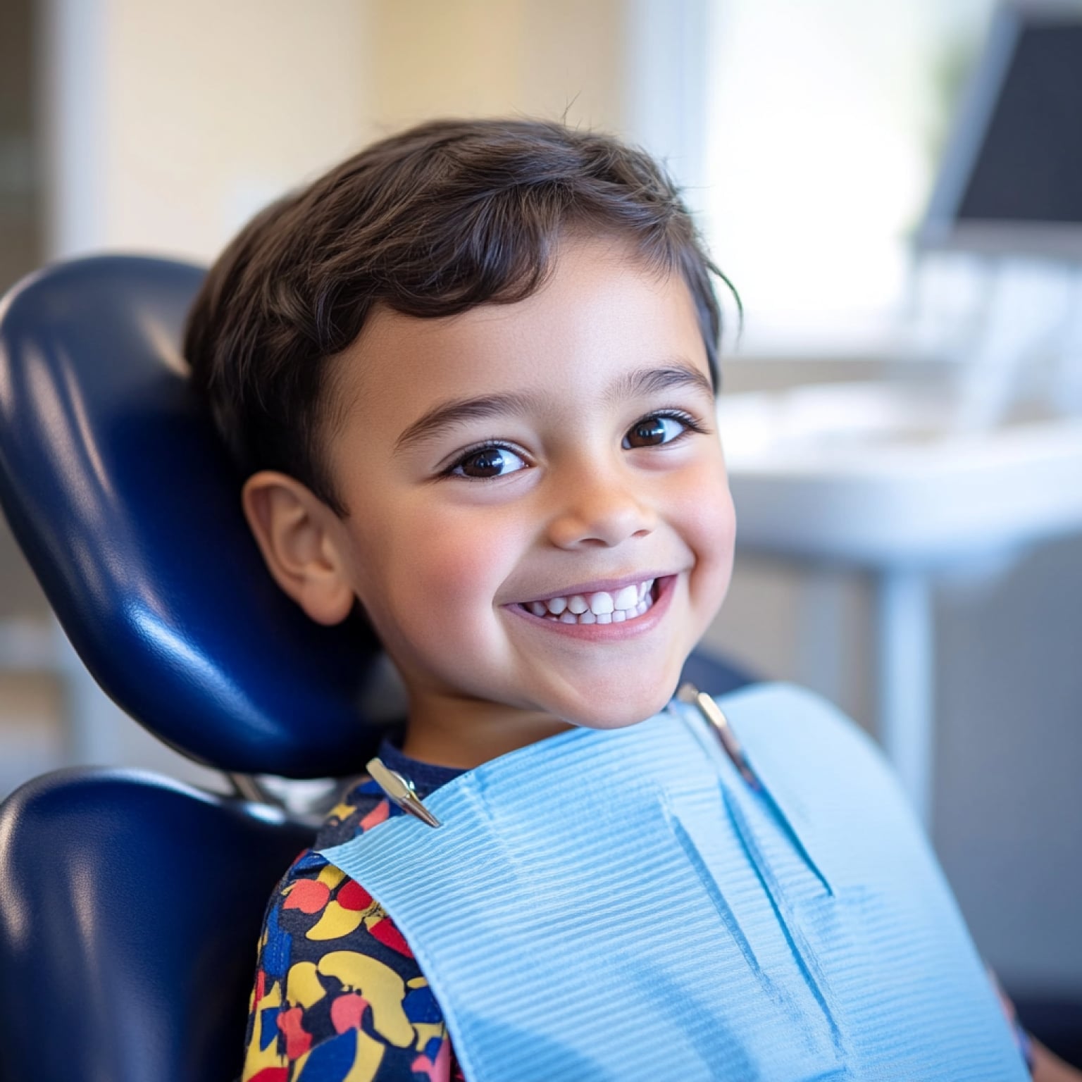 A child smiling in a dental chair, wearing a colorful shirt and blue bib, with dental equipment visible in the bright room.