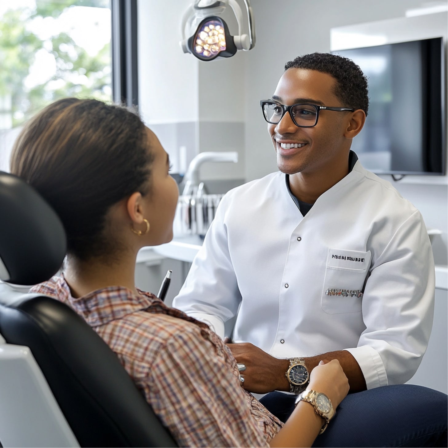 A person in a dental office, wearing a white coat, converses with a seated person. Dental equipment and bright lighting are visible.