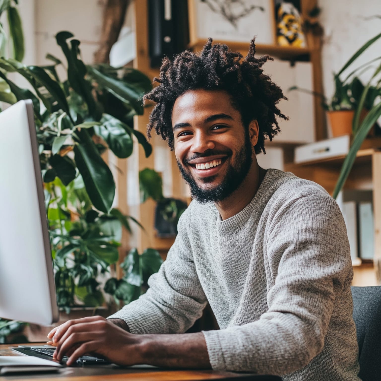 A person smiling while using a computer, surrounded by indoor plants in a bright, cozy workspace with wooden shelves and artwork.